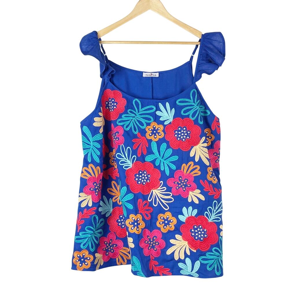 Perfectly Priscilla Women's Cobalt Blue Embroidered Floral 2X Linen Blouse Top